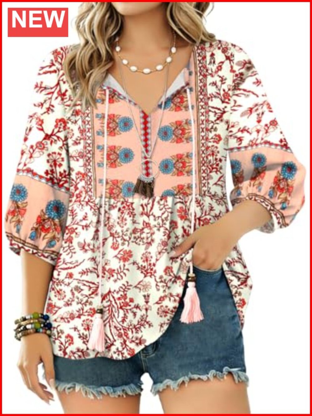 Boho Floral Pleated V-Neck 3/4 Sleeve Tunic Blouse